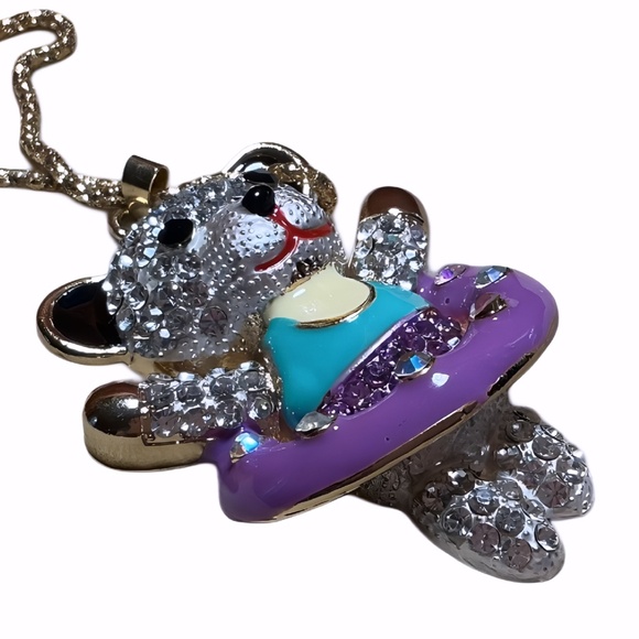 Betsey Johnson Teddy Bear Necklace, Gold Tone, Crystals, Purple Tutu, 28" Chain - Picture 5 of 10